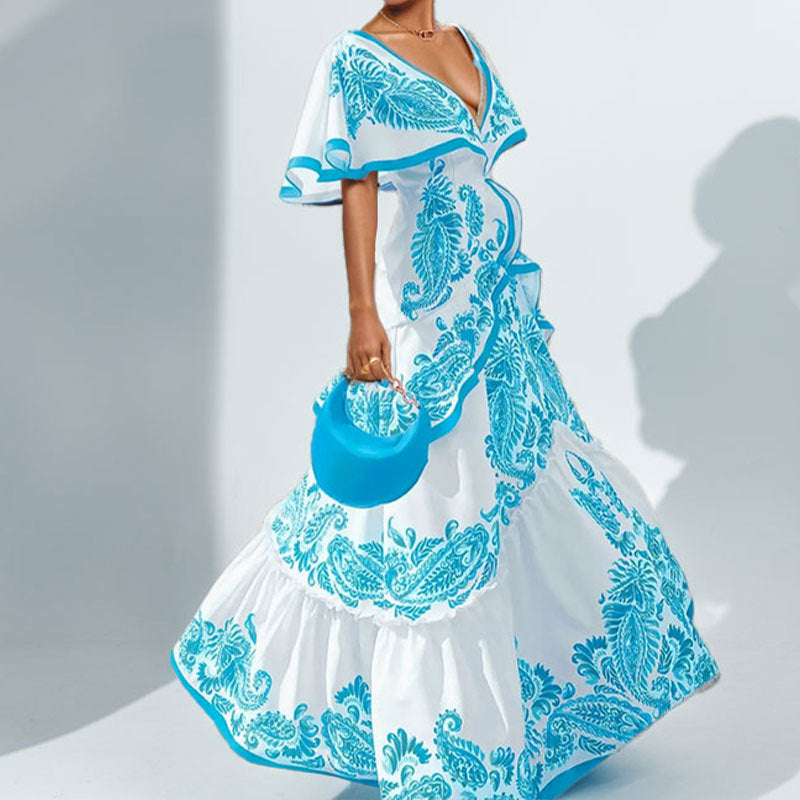 Elegant Floral V-Neck Dress with Ruffled Hem