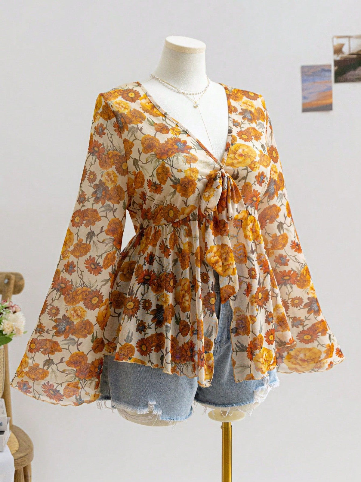V-Neck Floral Mesh Top with Bell Sleeves