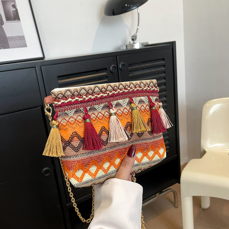 Trendy Woven Fringe Shoulder Bag Cotton