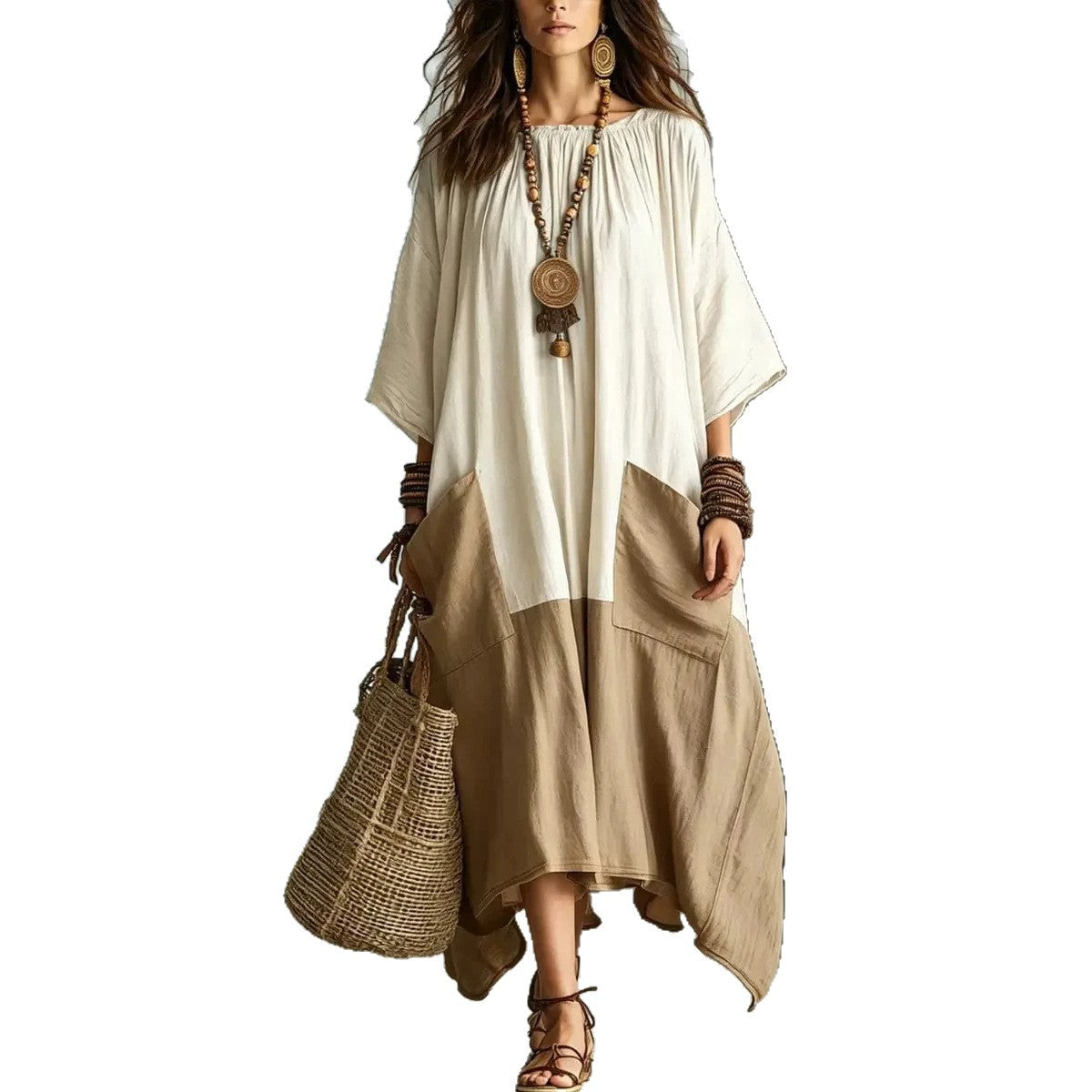 Color Block 3/4 Sleeve Round Neck Linen Blend Irregular Hem Maxi Dress With Pockets