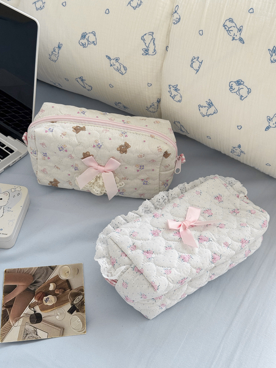 Cute Bear Heart Storage Bag Quilted Design Lightweight Pencil Case