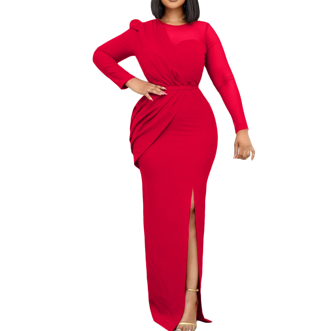 Elegant Red Mesh Panel Maxi Dress