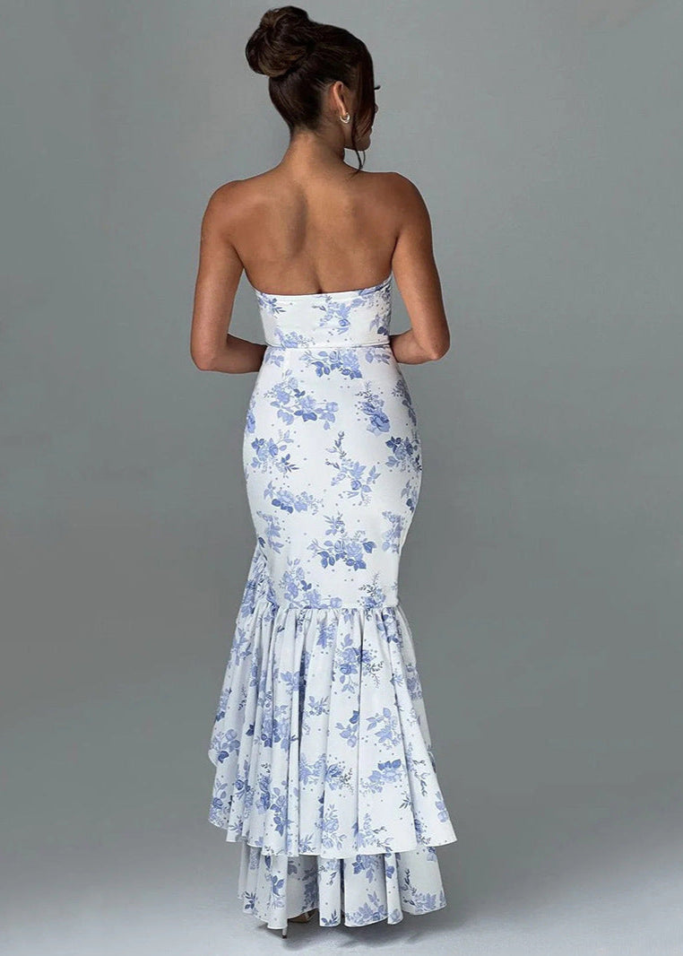 Strapless Ruffled Maxi Dress With Floral Print