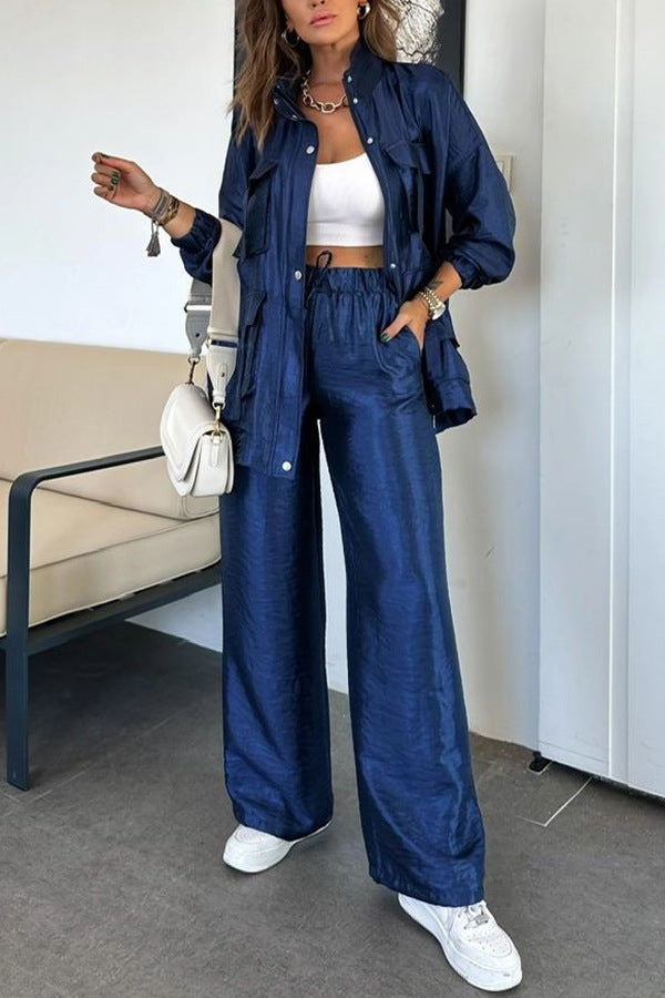 Fashionable Long Sleeve Solid Color Two-Piece Set with Straight-Leg Pants