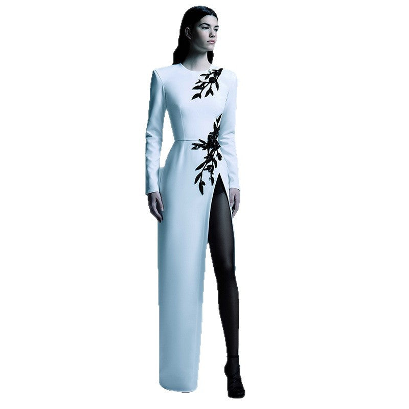 Floral Long Sleeve Maxi Dress Elegant Cotton Blend
