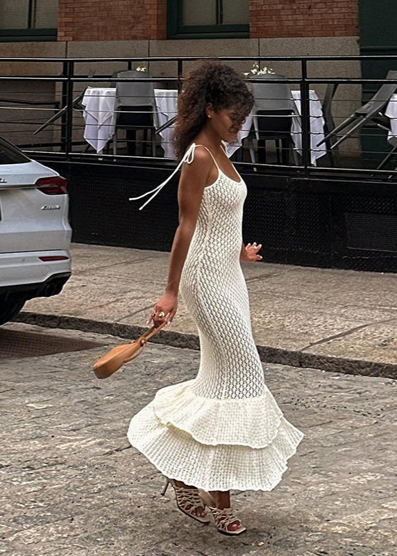 Knit Maxi Dress With Lace Knit And Ruffle Hem