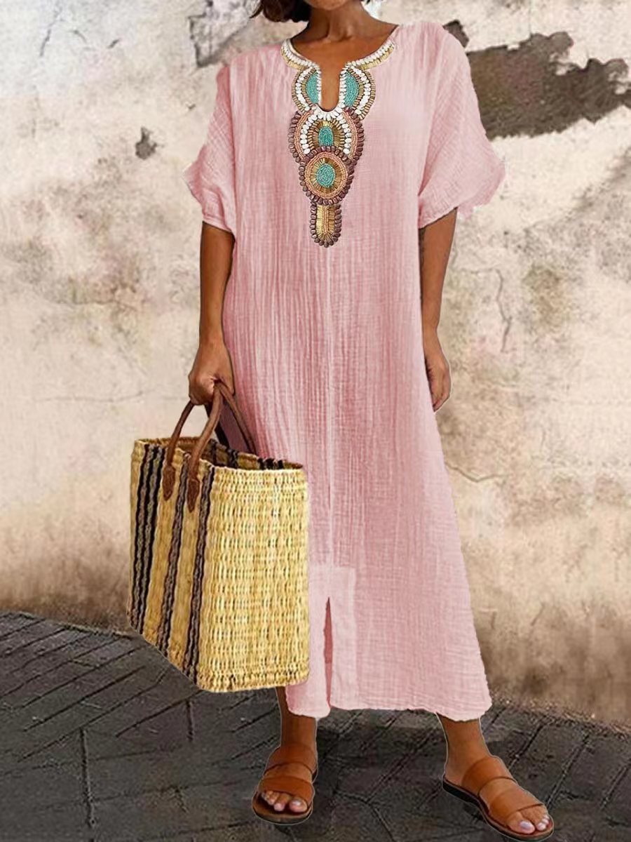 New Cotton And Hemp Embroidered Split Dress