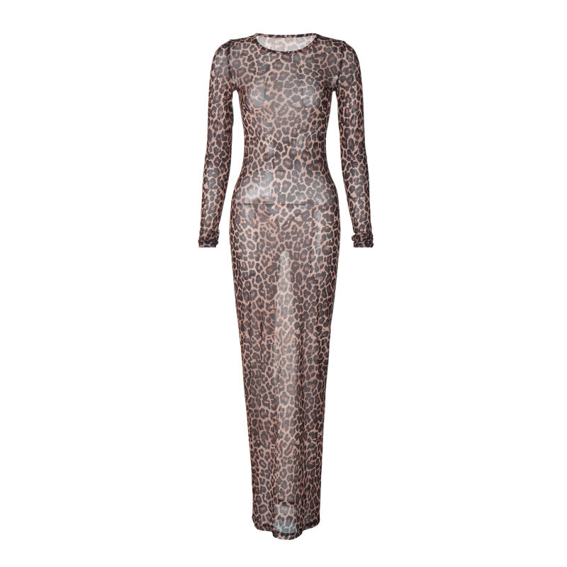Sensual Animal Print Mesh Dress Slim Fit Long Sleeve