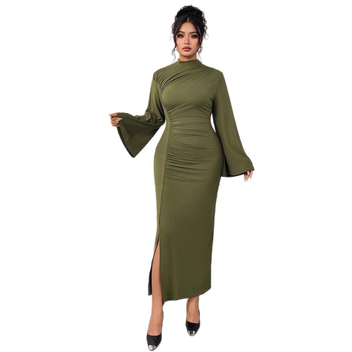 High Waist Solid Color Bodycon Dress With Ruffle Sleeves