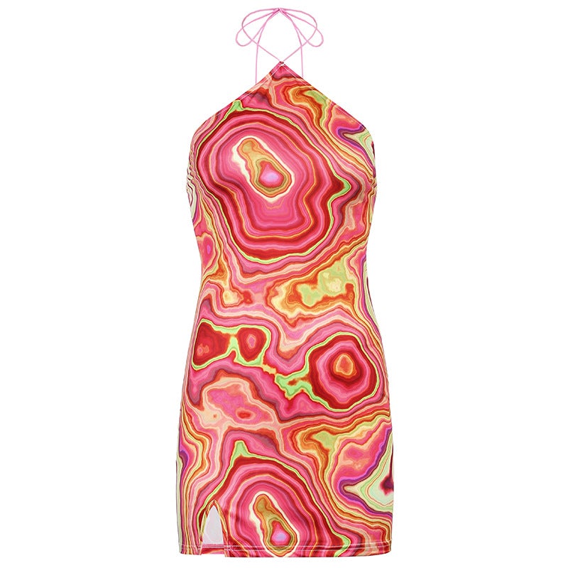 New Women'S Skirt European And American Bohemian Style Abstract Corrugated Printed Open Back Hanging Neck Skirt Women'S Waist Closing Dress