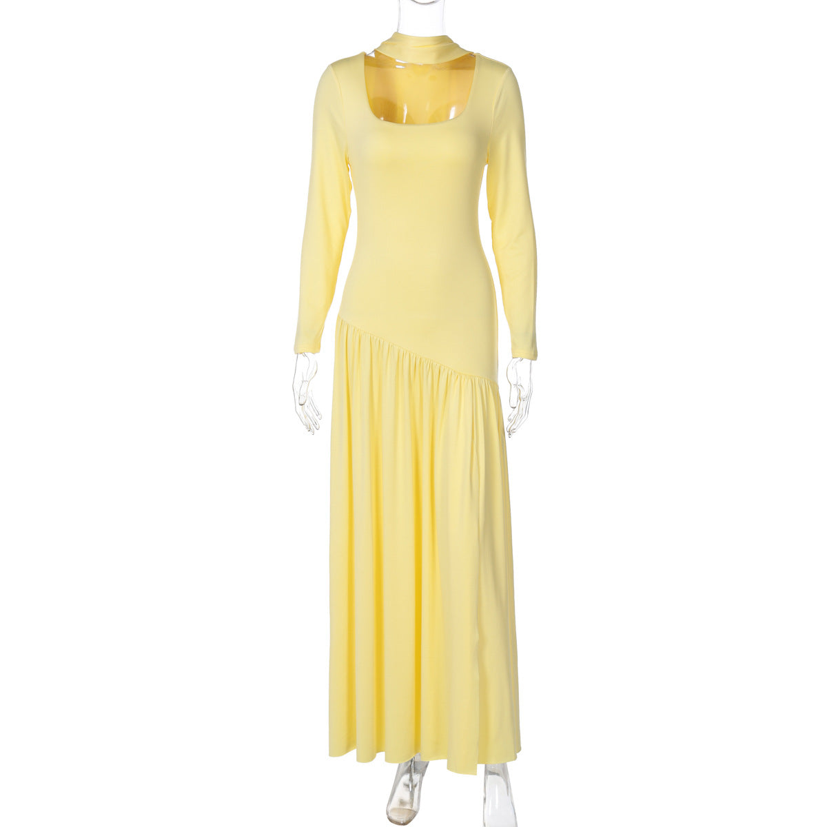 Elegant Color-Block U-Neck Long Sleeve Dress