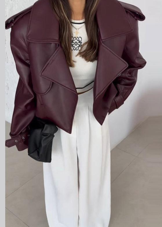 Cropped Leather Jacket With Oversized Lapel