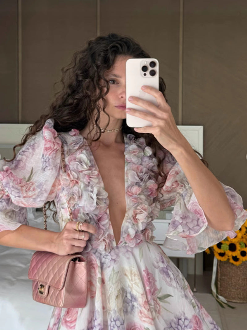 V-Neck Drawstring Vintage Floral Mini Dress