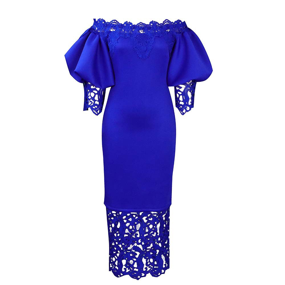 Off-The-Shoulder Lace Detail Pencil Dress With Lantern Sleeves