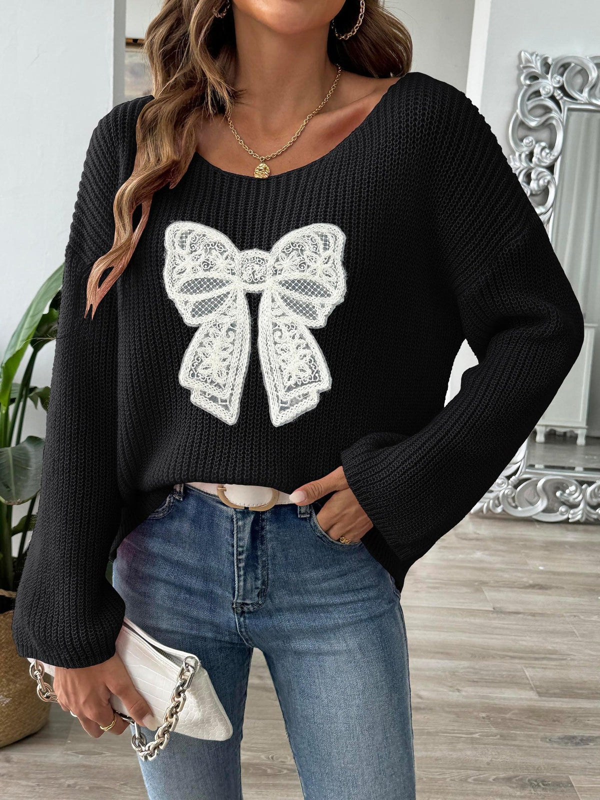 Bow Tie Embroidered Sweater For Women