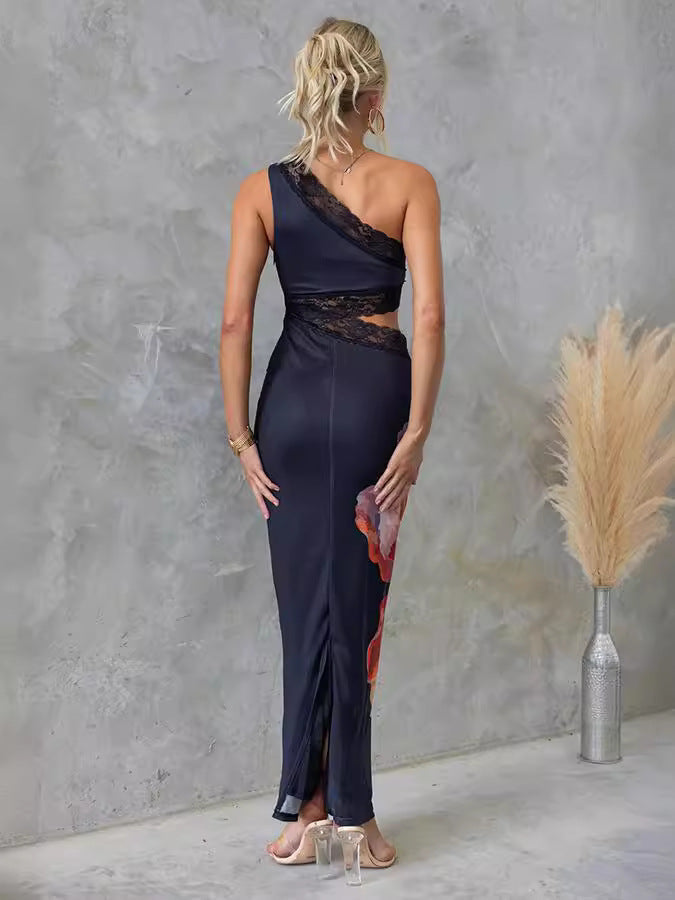 Black Floral Lace Mesh Bodycon Dress for Women