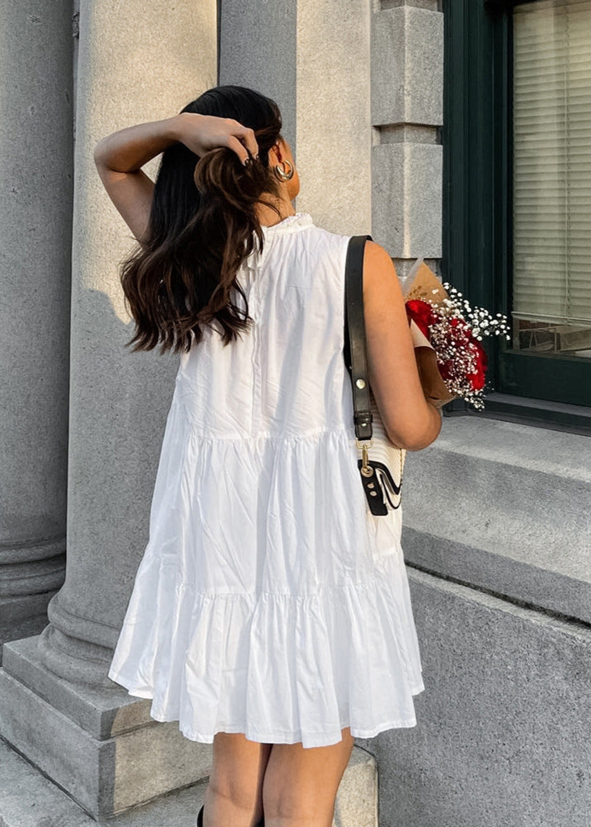 Sleeveless Mini Dress Lightweight Fabric Ruffle Neckline