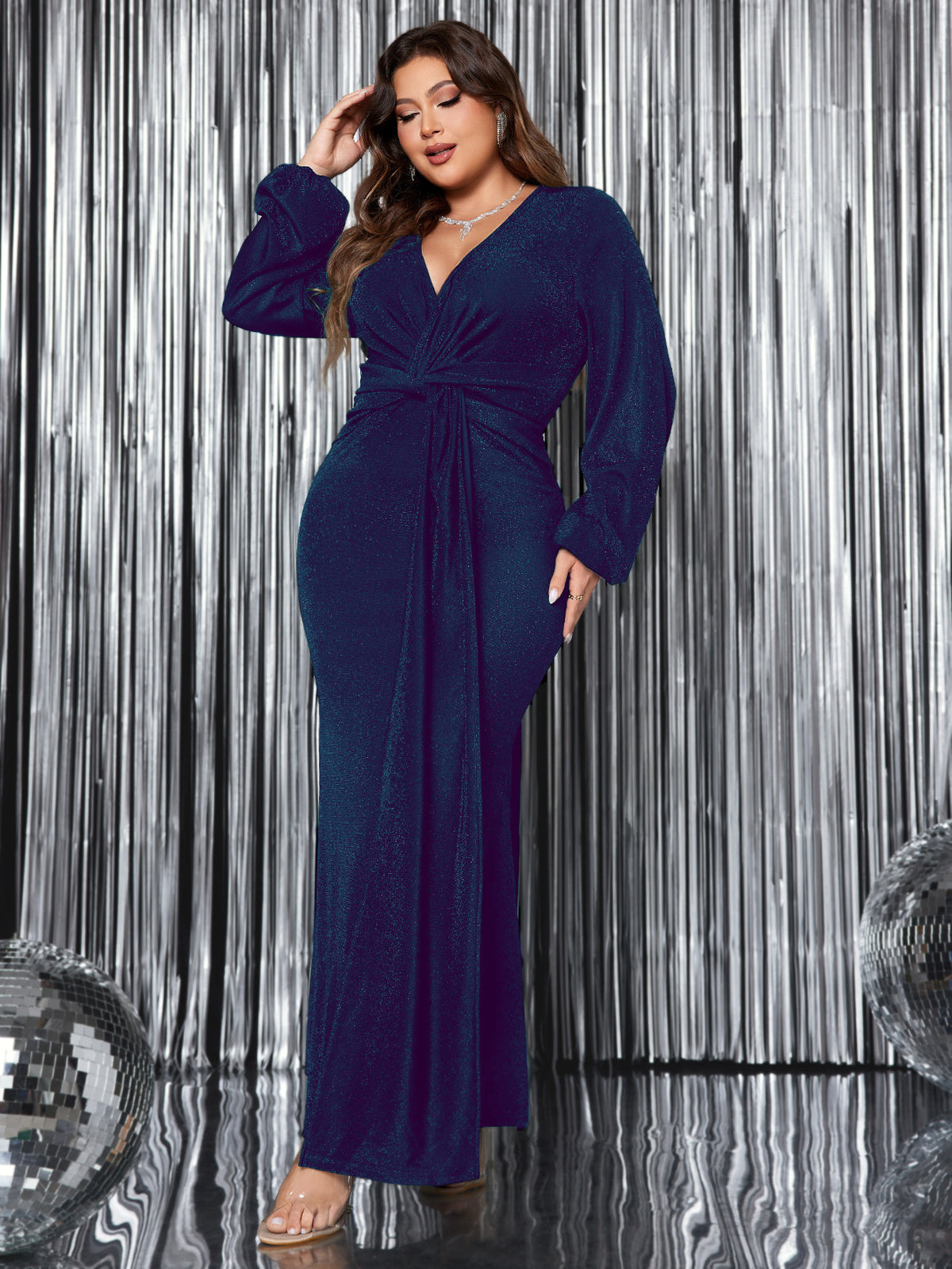V-Neck Long Sleeve Evening Dress Elegant Mermaid Maxi Dress