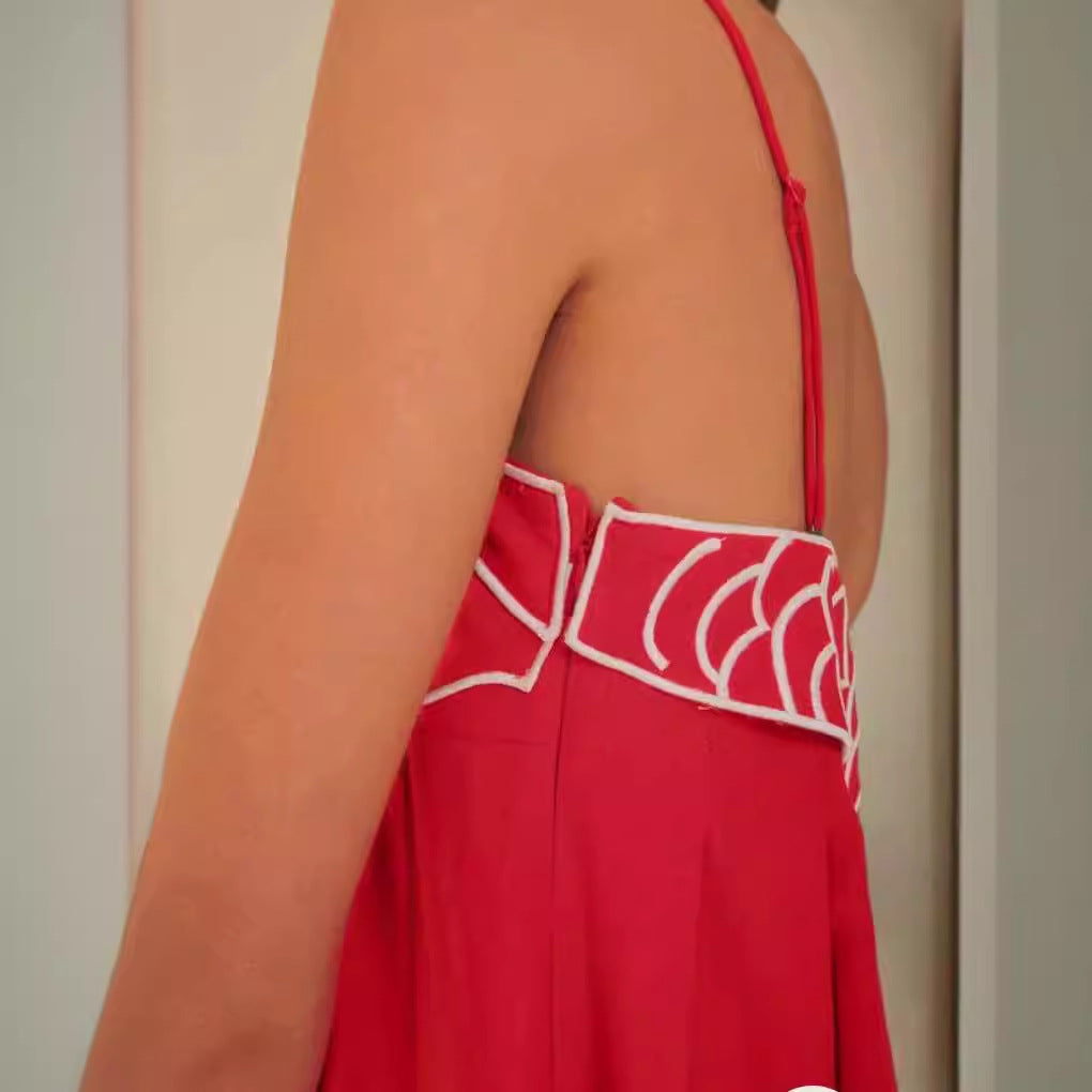 Embroidered Pleated Spaghetti Maxi Dress