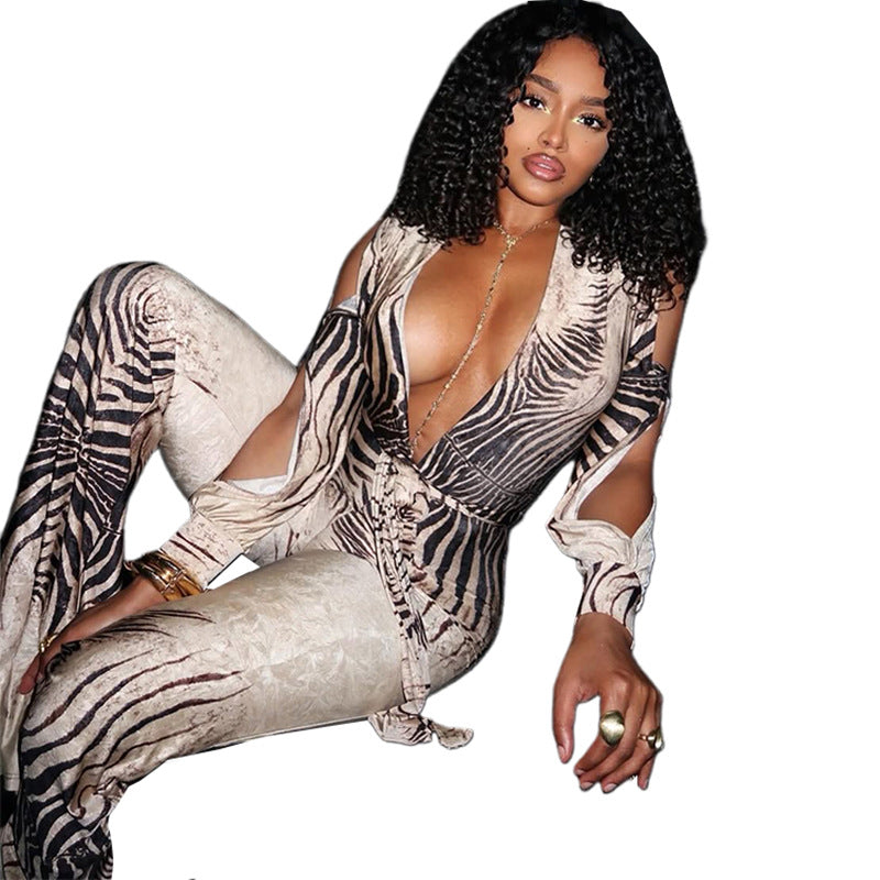 Sexy Deep V Shoulder Top & High Waist Flare Pants Set