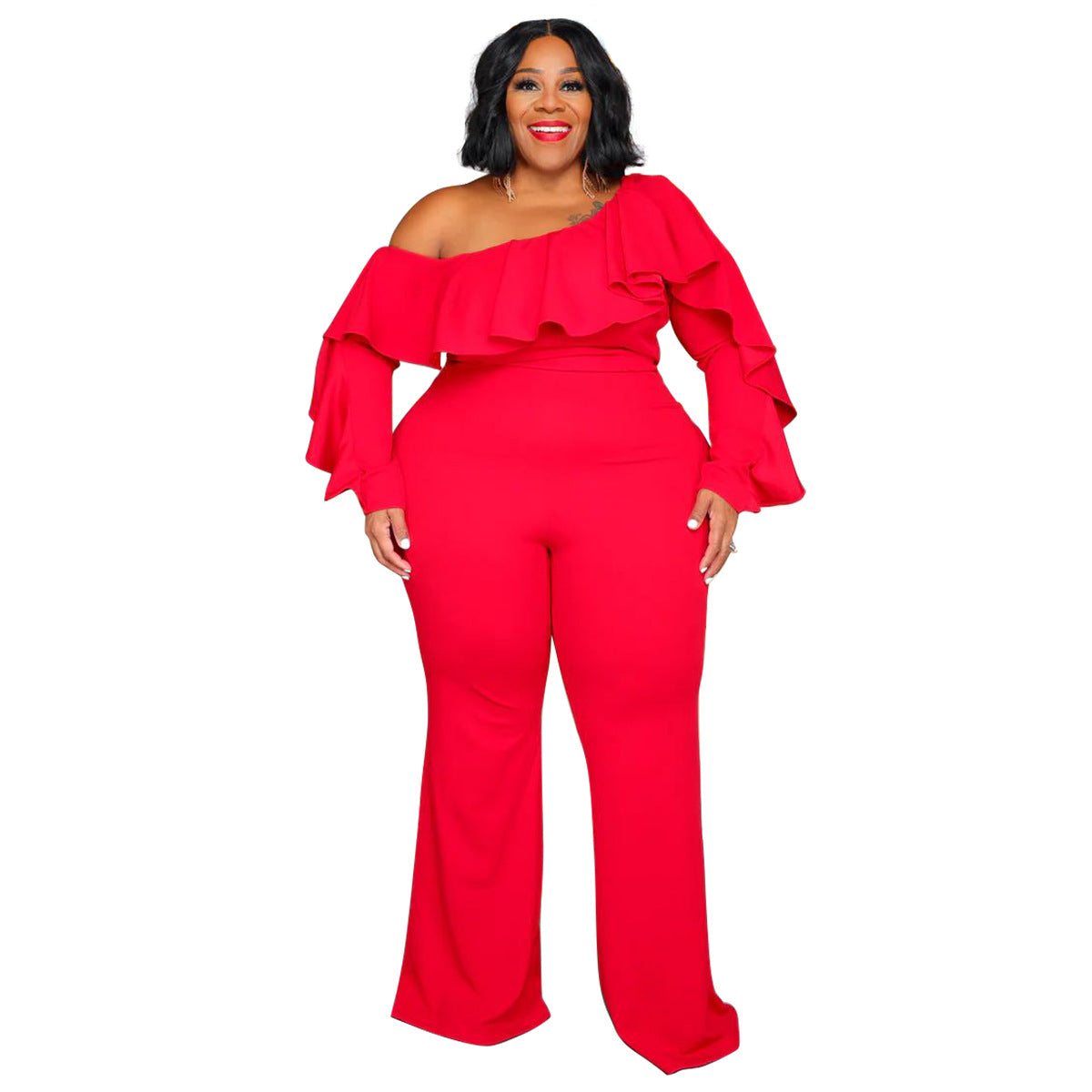 Plus Size Solid Color Off-Shoulder Jumpsuit For Women