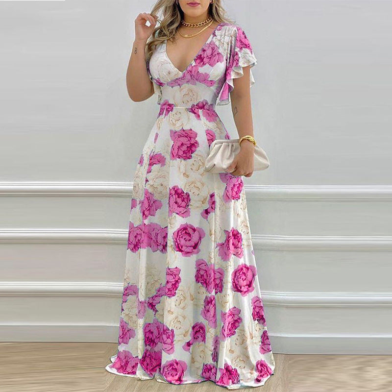 Casual Floral Maxi Dress With V-Neck & Flared Design