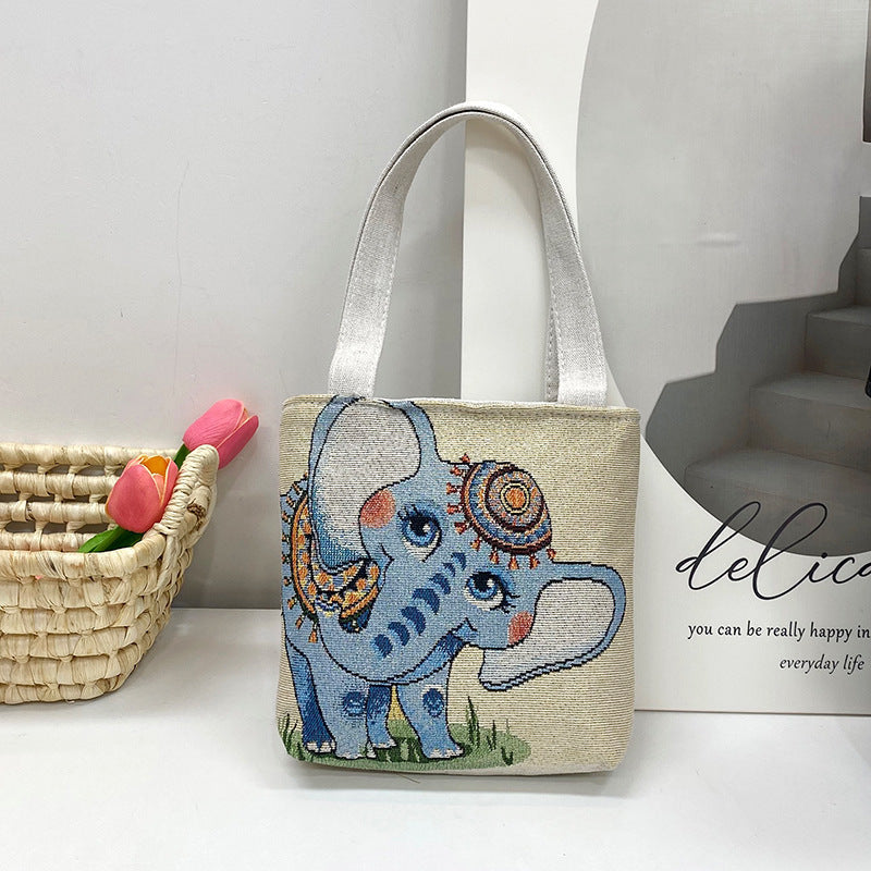 Ethnic Style Elephant Embroidered Canvas Tote Bag for Everyday Use
