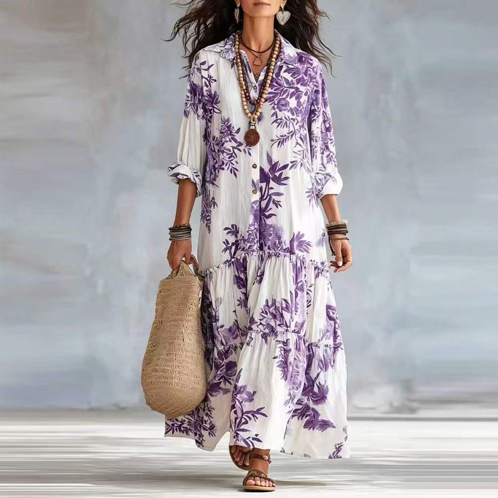 Botanical Floral Print Linen Tiered Shirt Maxi Dress