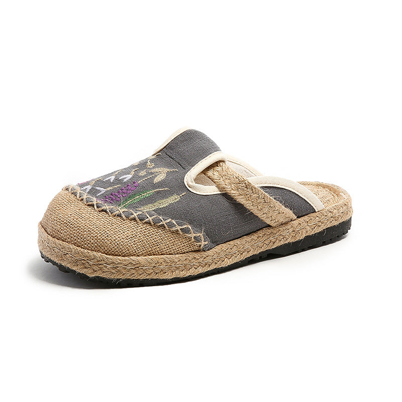 Summer New Ethnic Style Embroidered Slippers Women'S Beef Tendon Bottom Cloth Shoes Women Hand-Woven Linen Straw Shoes