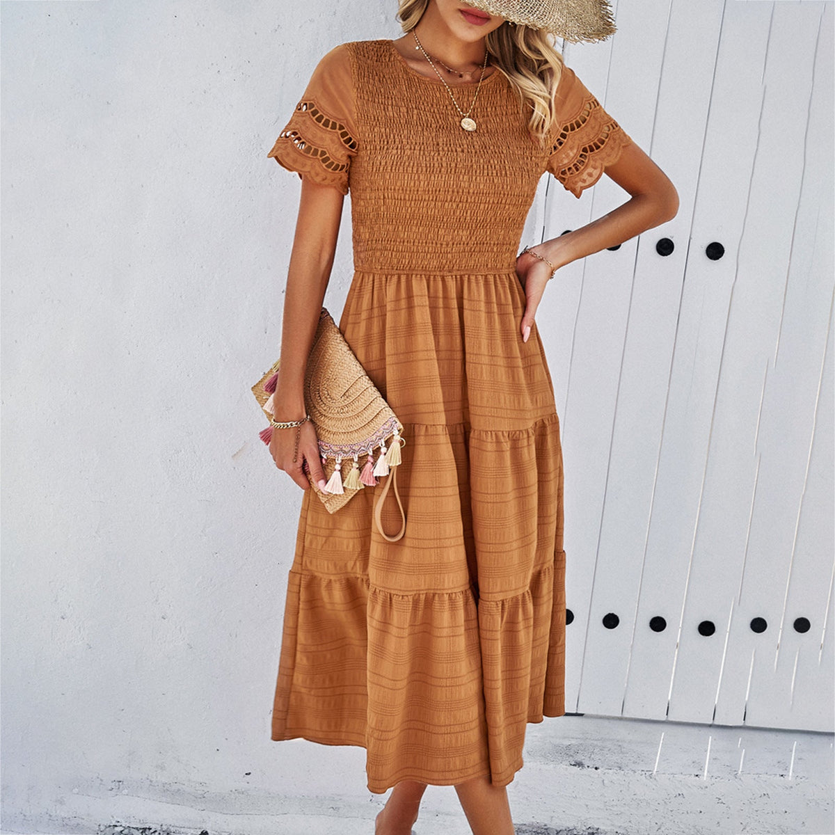 Casual Solid Color A-Line Dress with Short Sleeves