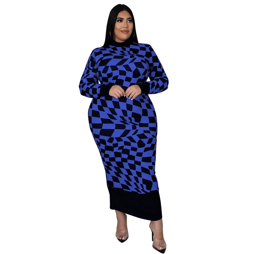 Checkered Print Long Sleeve Dress Elegant Style
