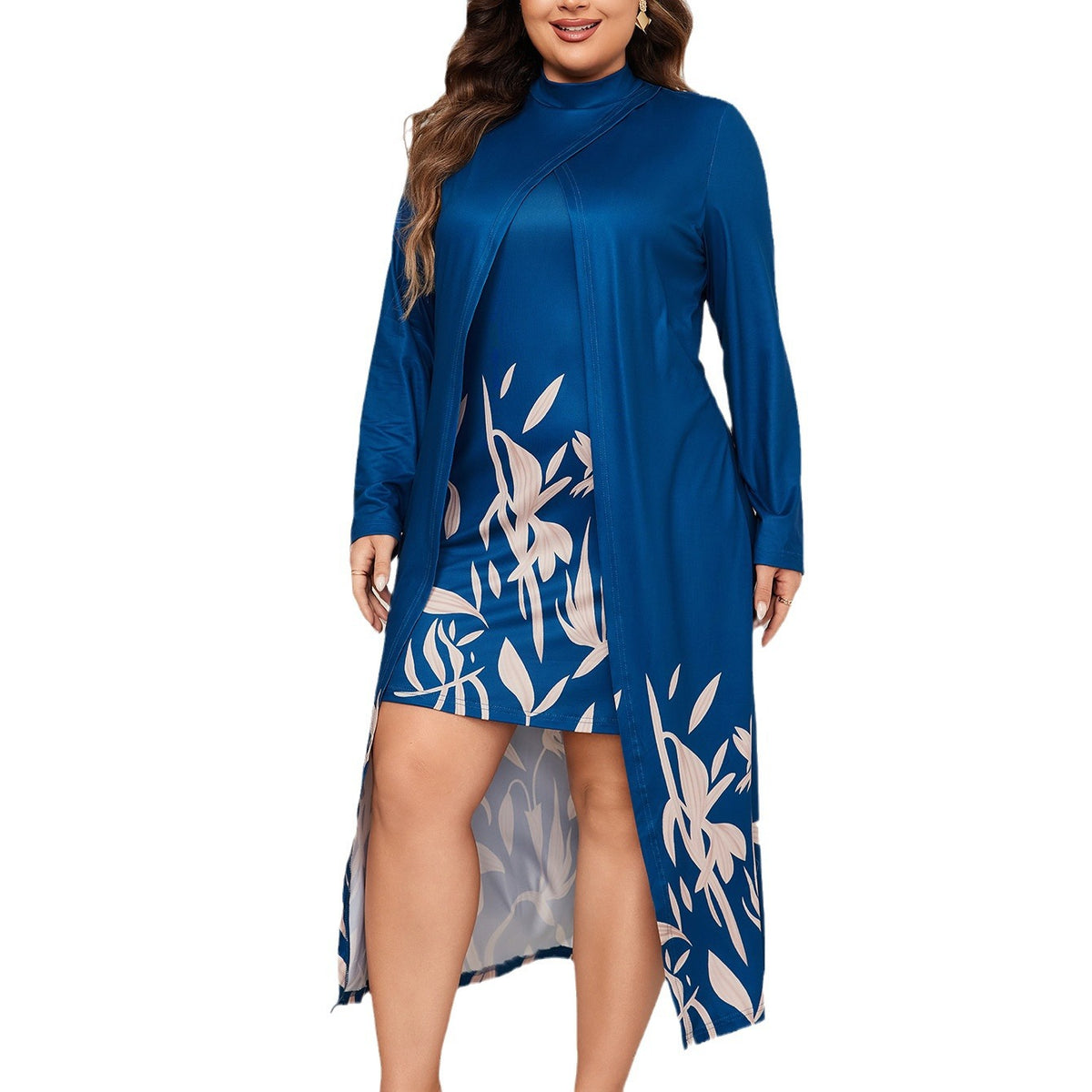 Trendy Floral Print Plus Size High Neck Long Sleeve Asymmetrical Dress