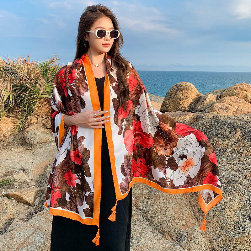 Casual Fashion Joker Personality Camellia Shawl Outdoor Travel And Play Comfortable Sunshade Cloak Shawl