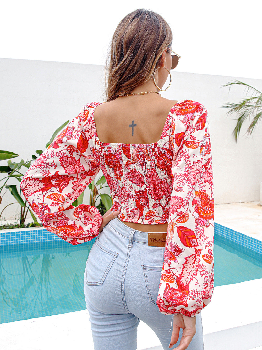 Spring And Summer Crossover V-Neck Print Crop Top Chiffon