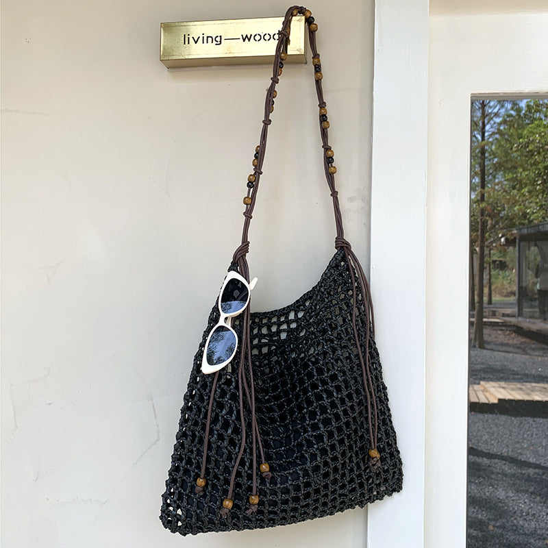 Woven Tote Bag with Beads Large Capacity Shoulder Bag for Everyday Use