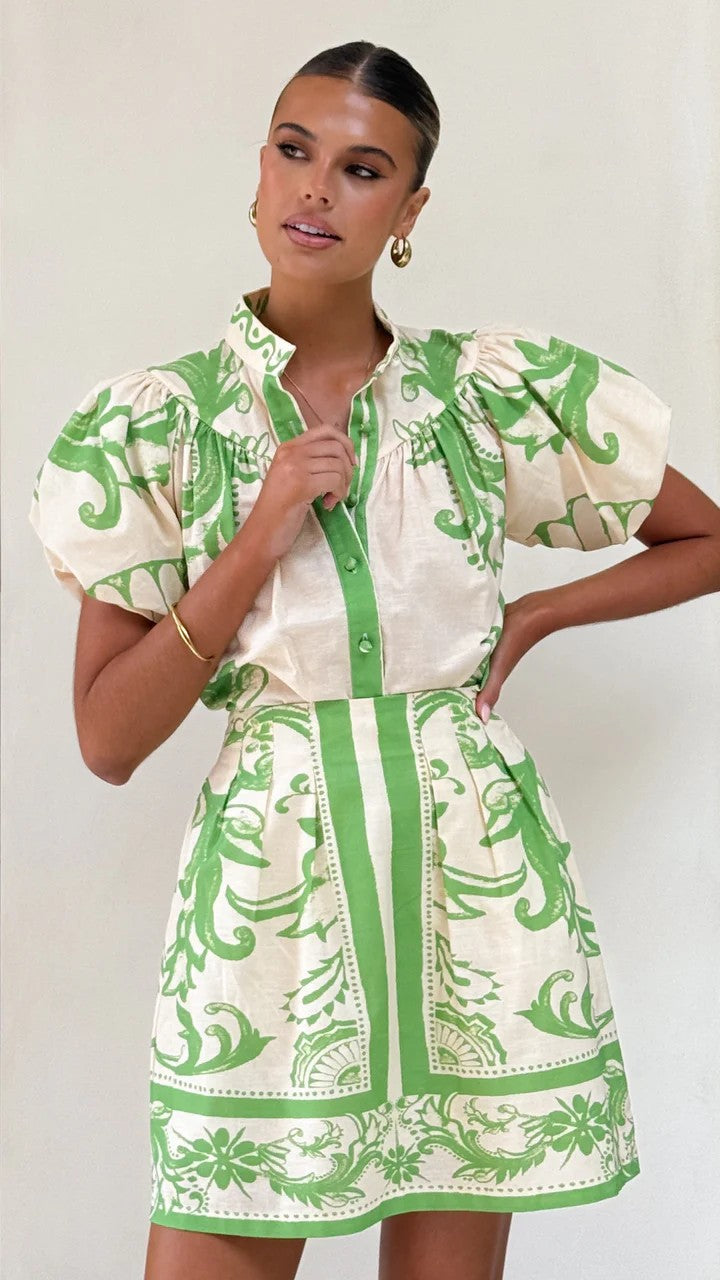 Linen Floral Puff Sleeve Short Skirt Set