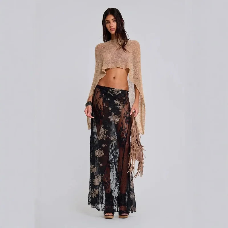 Jadedlondon Gold Knitted Hollow Out One Piece Top Hanging Neck Shoulder Multi-Way Holiday Style Strap Vest Polyester Fiber