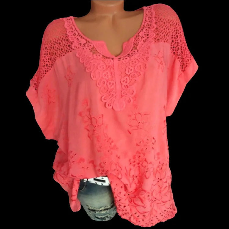 Large Size Loose Short-Sleeved Lace Women Blouses Cotton Blouses 2024 Summer V-Neck White Shirt Tops Sexy Fashion Women Shirt