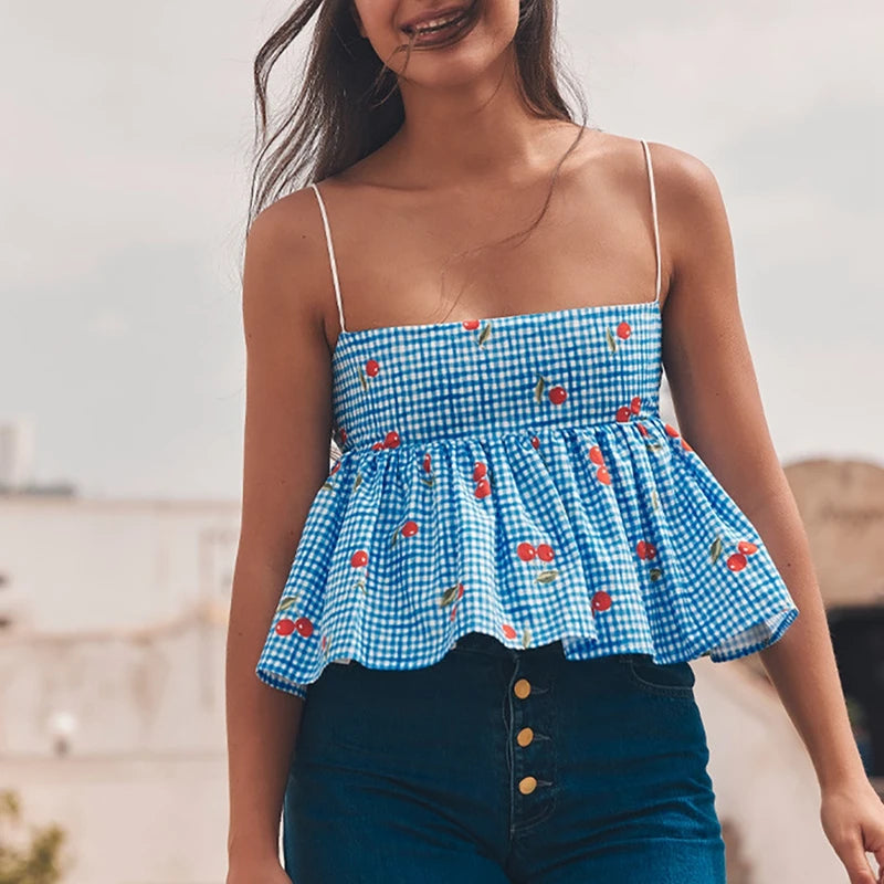 Fairycore Backless Tie Up Crop Tops Cherry Plaid Print Peplum Camisole Summer Holiday Sweet Cute Milkmaid Tank Vest Y2K Clothes