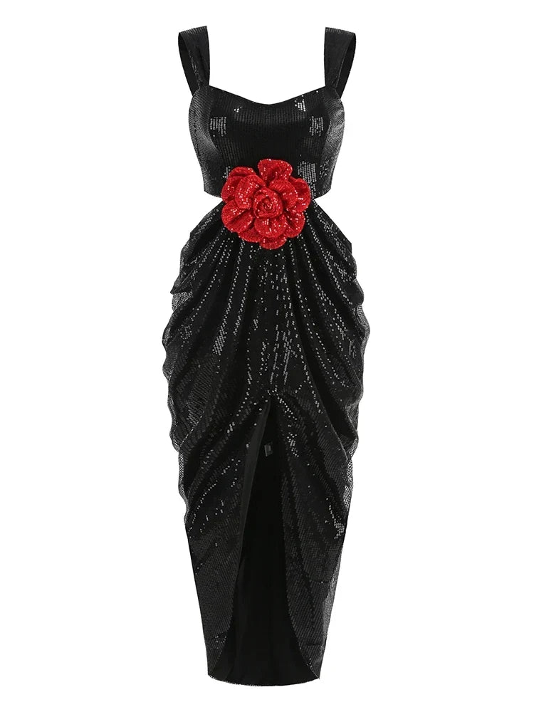 3D Flower Shiny Sequins Folds Long Dress