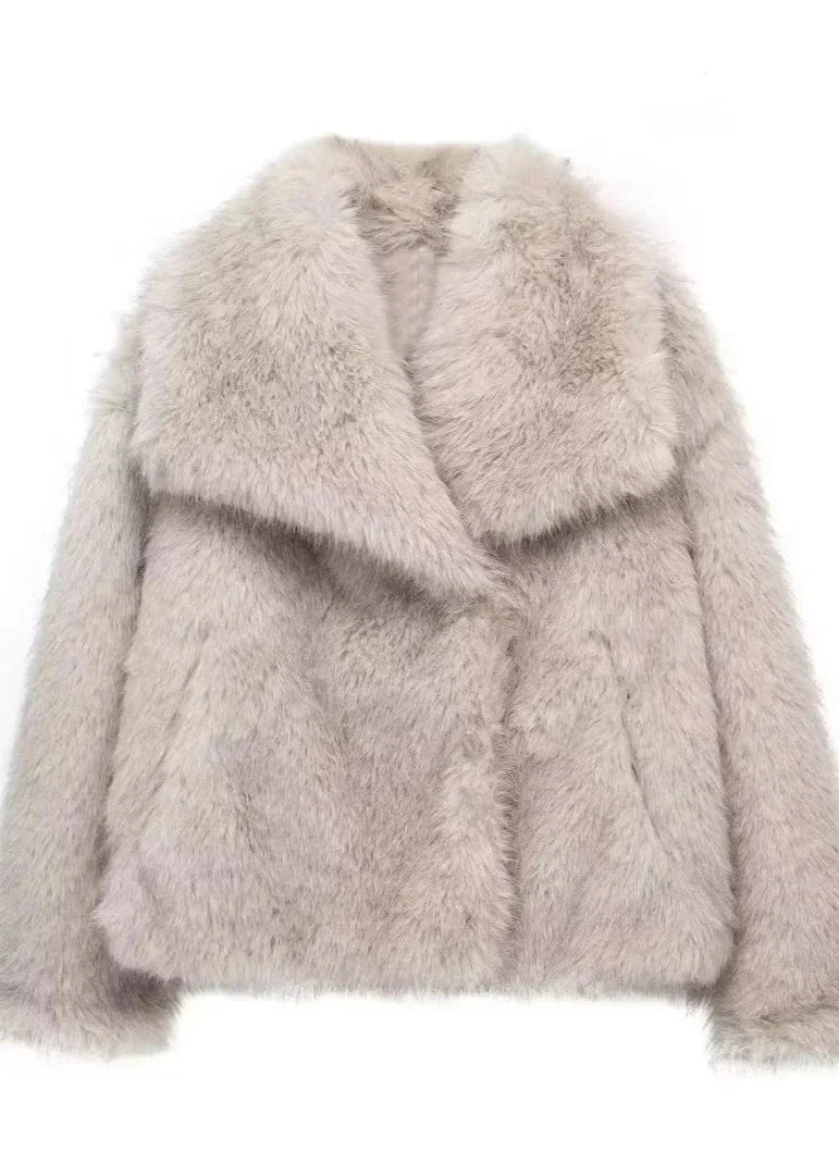 Faux Fur Winter Coat Plush Fabric Neutral Tone