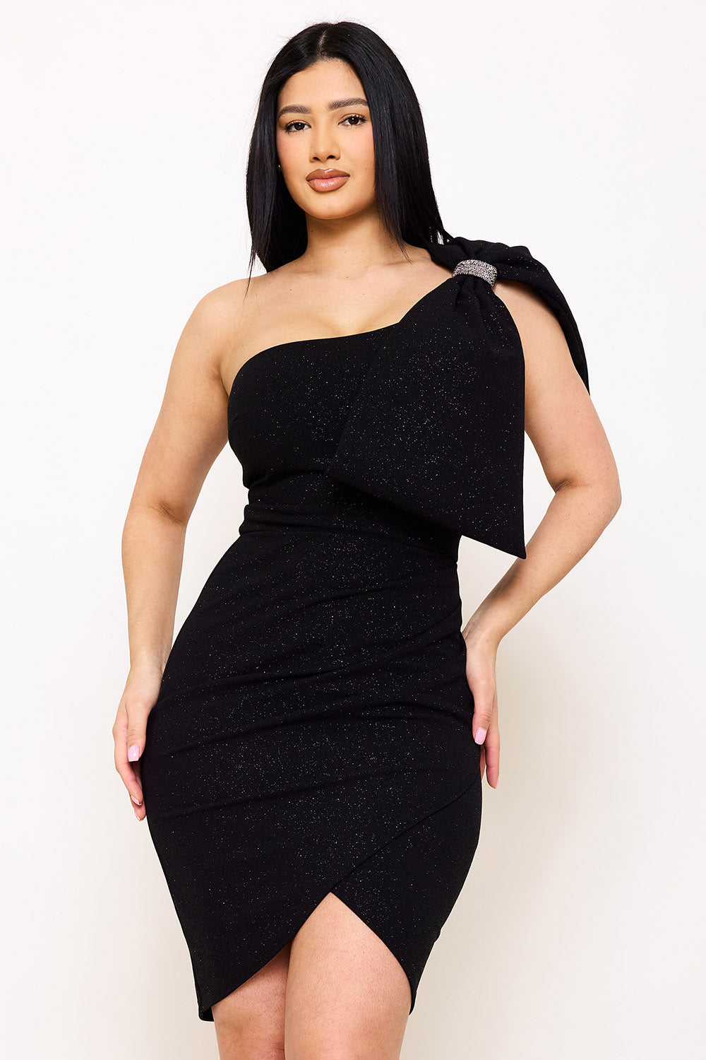 Extra Large Bow On One Shoulder Glitter Mini Dress