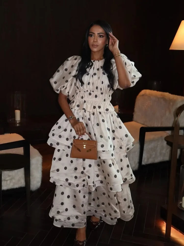Chic Puffy Layered Ruffles Polka Dot Print Skirt Sets Women Elegant O-Neck Bubble Short Sleeve Tops Suit Lady Evening Partywear