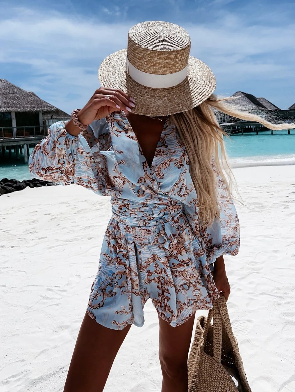 Sexy Deep V Neck Jumpsuit For Women Summer Casual Boho Beach Vacation Outfit Fashion Print Lantern Sleeve Rompers Shorts Women'S
