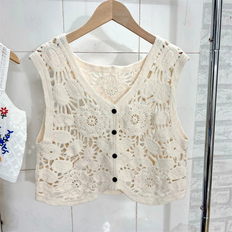 Sheer Crochet Top Embroidery Lace Blouse Cardigan Sleeveless Open-Knit Crop Tops For Women Spring Summer Boho Vacation Outfit