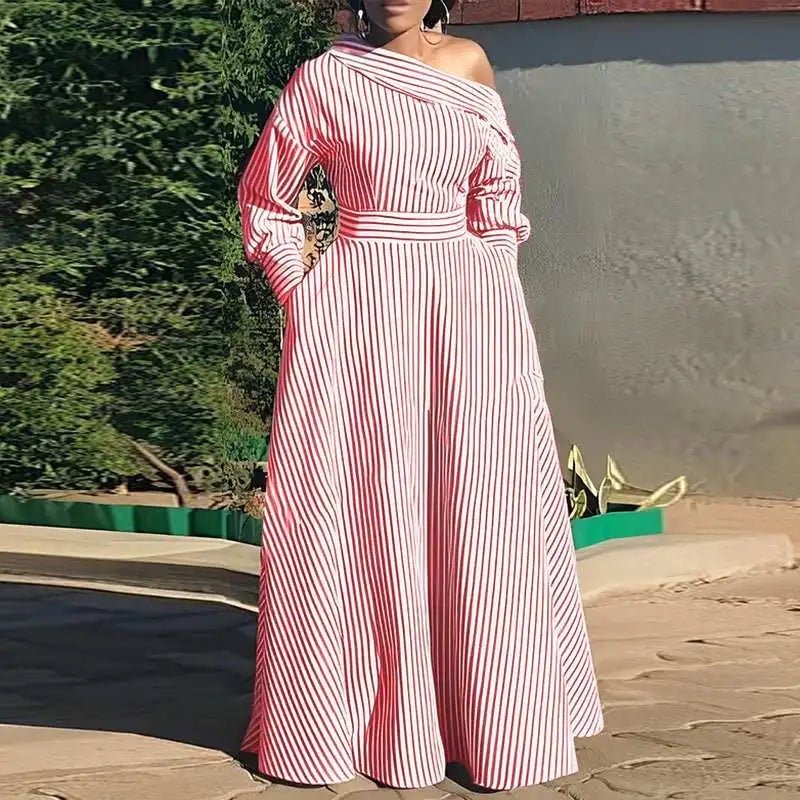 Vonda 2024 Women Elegant Striped Maxi Dress Bohemian Sundress Casual Loose Off Shoulder Long Sleeve Party Vestidos Robe Femme