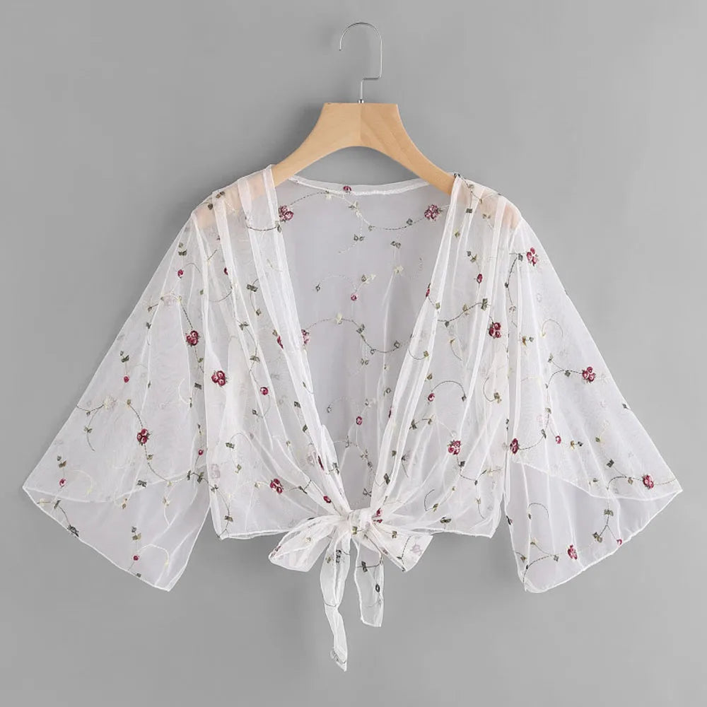 Women Mesh Sheer Cover Ups Shirts Tops Floral Embroidery Long Sleeve See-Through Cardigan Blouse Beach Boho Shawl Bathing Suit