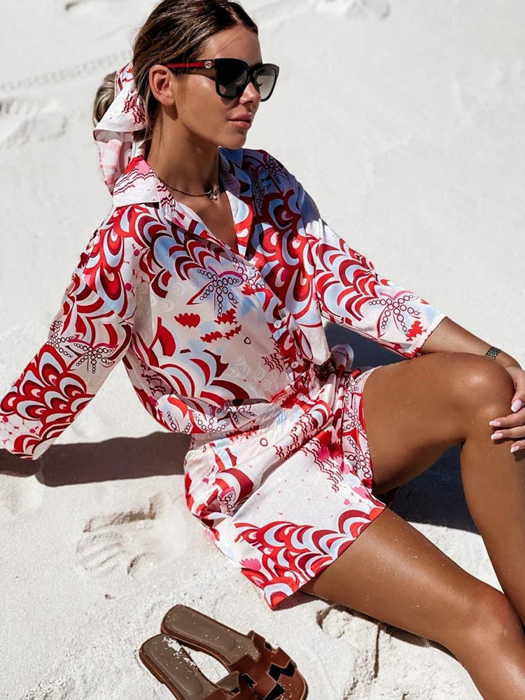 Women'S Shirt Sets Fashion Printed Summer Long Sleeve Shirt + Shorts 2 Pieces Set 2023 Lady Vintage Holiday Beach Casual Outfits