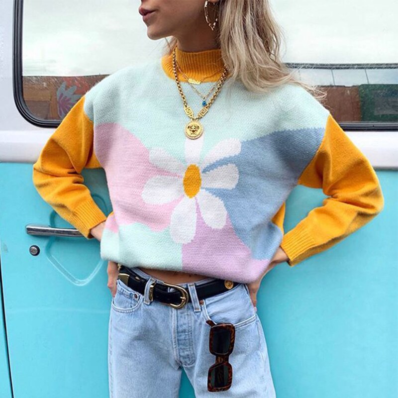 Young Gilrs Macaron Color Patchwork Sweater Winter Sweet Flower Print Loose Pullover Street Cute Long-Sleeve Jumper Femme
