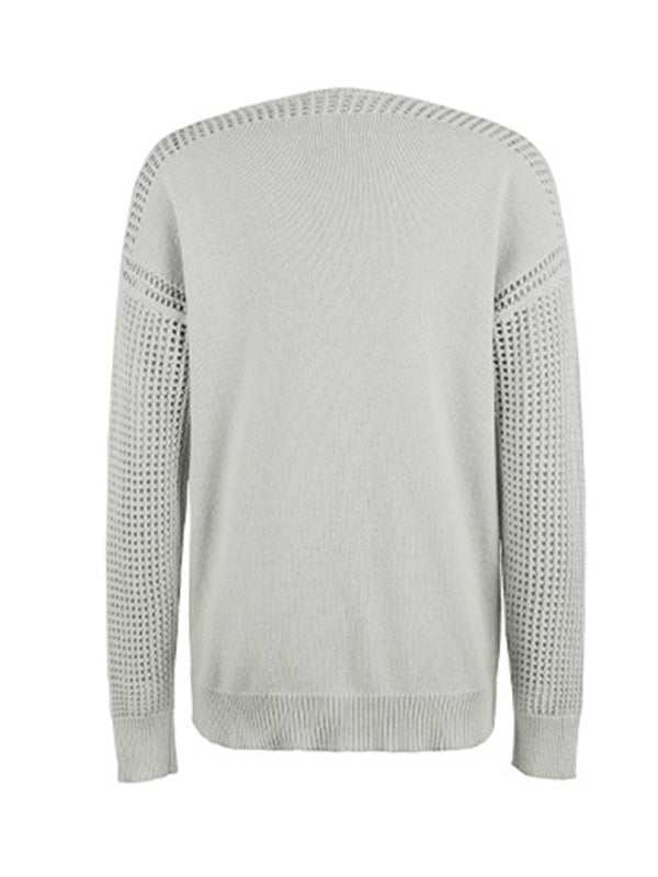 Long Sleeves Loose Hollow Solid Color V-Neck Sweater Tops